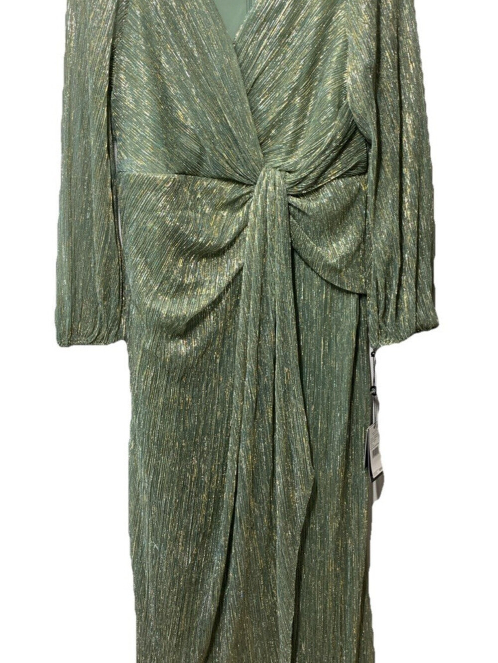 Adrianna Papell Womens Greenslate Metallic Mesh Draped Gown Dress Long Sleeve 14